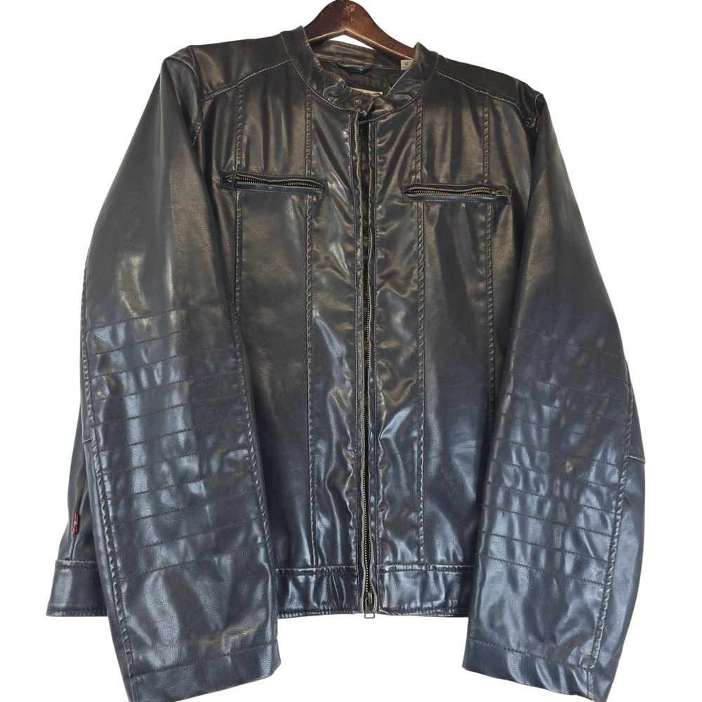 Y2K Levis Faux Leather Moto Racer Jacket Mens XL Dark Brown Biker Distressed